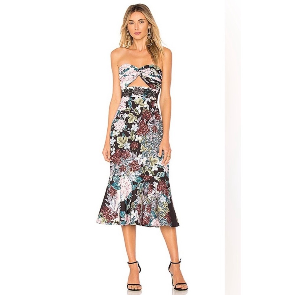 Keepsake Floral‎ Print Strapless Sweetheart Neckline Cutout Midi Dress Size S